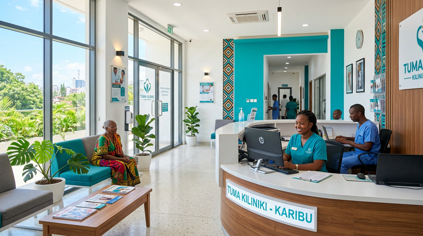 Modern Tanzanian clinic reception with staff working at computers