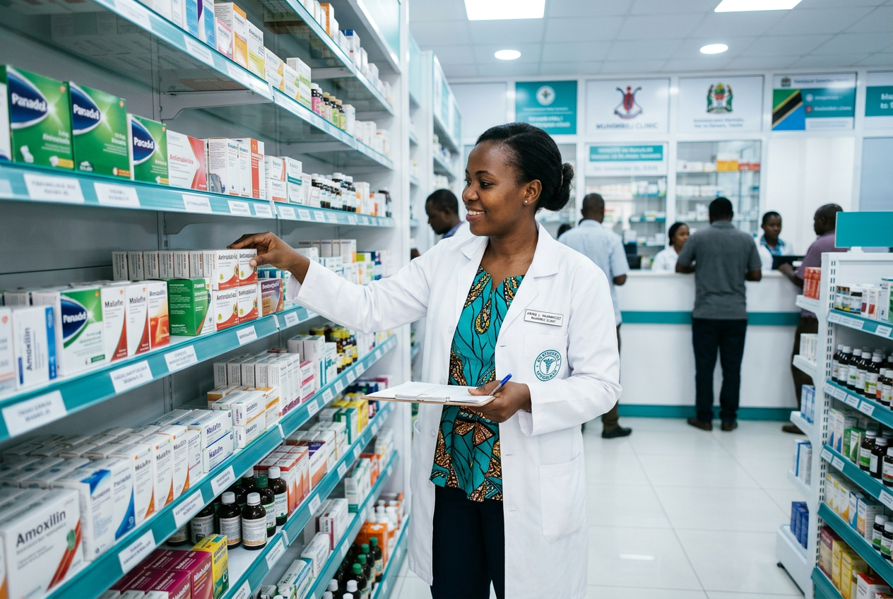Pharmacist checking stock on shelves