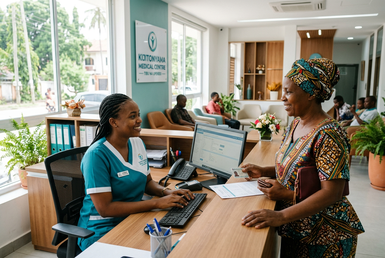 Receptionist assisting a patient at a clinic